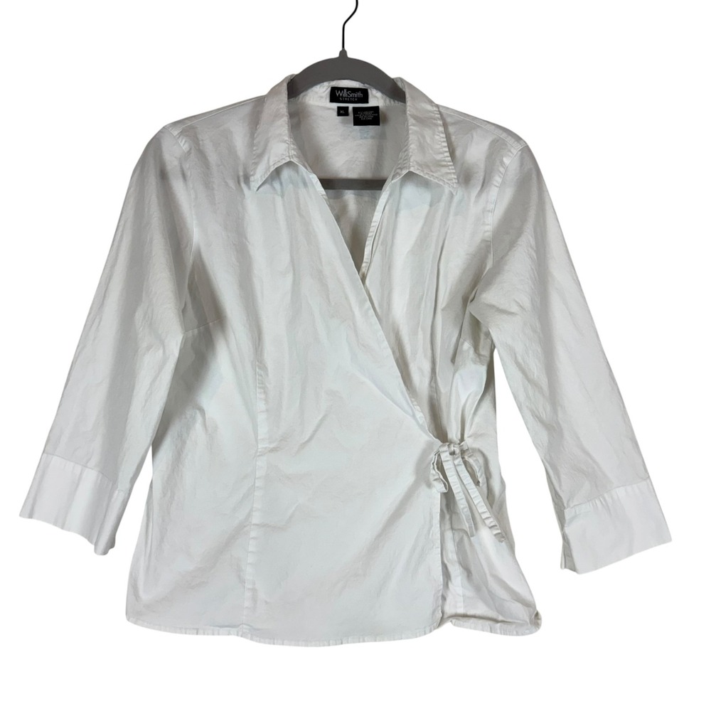 Willi Smith Blouse Womens XL White Wrap Front 3/4 Sleeve Tie Waist Stretch